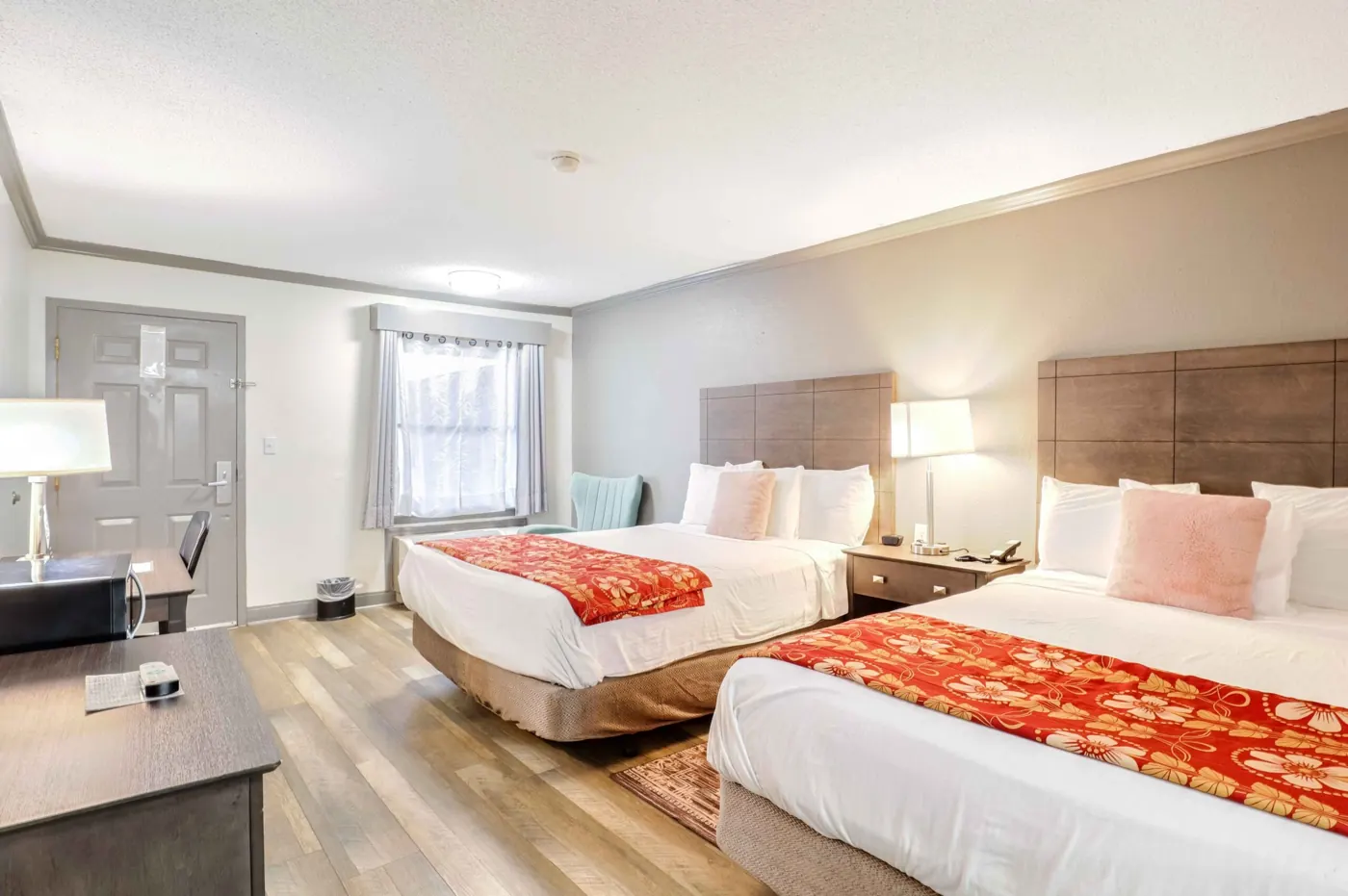 Renovated queen room with tile floors